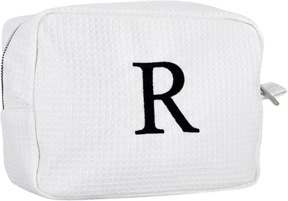 Personalized White Waffle Makeup Bag,Custom Embroidered Initial Cosmetic Pouch for Women,Monogrammed Cosmetic Case,Bridesmaid Gifts (R)