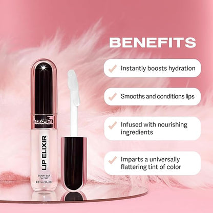 Sacheu Lip Elixir Nourishing and Hydrating Lipgloss — Moisturizing Plumping Lip Gloss Enriched with Collagen, Non-Sticky Lip Color Smooth High-Shine Finish, Vegan & Cruelty-Free, Clear & Sheer Pink