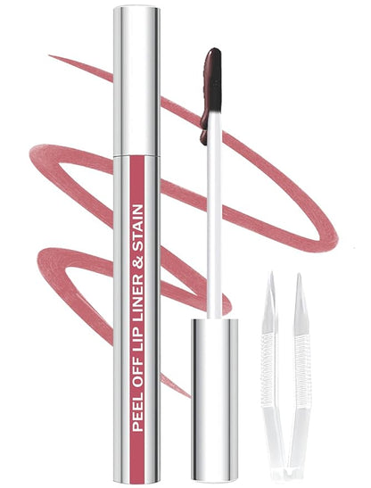 Lip Liner Stain Peel Off with Tweezer, Long Lasting Matte Lip Tattoo, Highly Pigmented Color Lip Makeup, Waterproof, Transfer-proof Lipstain for Women, Nude Pink