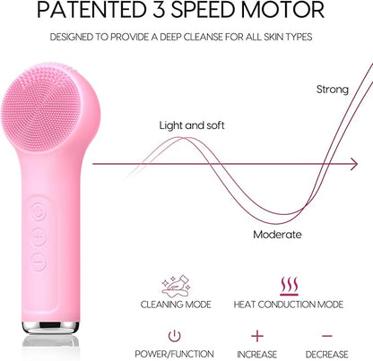 Silicone Facial Cleansing Brush, Portable Electric Face Scrubber with Heat and Vibration, 3 Modes Adjustable, Waterproof IPX6, USB-C Rechargeable, Deep Cleansing, Exfoliating and Massage