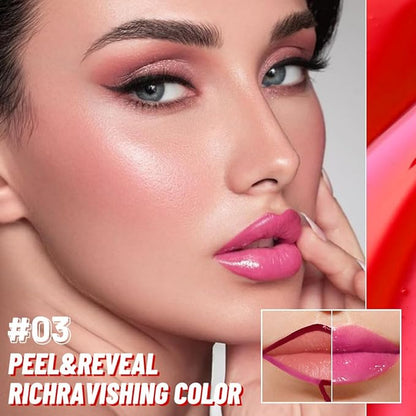 Raspberry Peach Lip Stain Peel Off Lip liner and Lip oil with Tweezer, Dual-Ended Peel Off Lip Stain Tattoo, Highly Pigmented Long Lasting Waterproof, Transfer-proof for All Skin Types, 03#