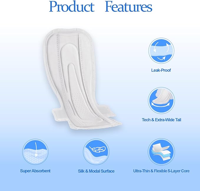 MODAL Heavy Flow Pads for Women Overnight, Unscented Sanitary Pads for Period with Wings, 16.5 Inch(420 mm), Extra Heavy Overnight, 4 Count