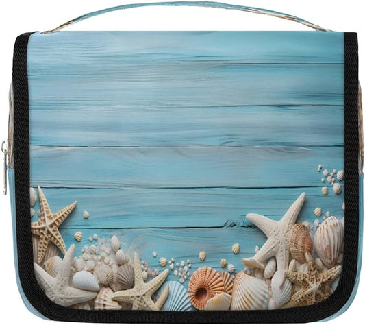 Travel Toiletry Bag for Women & Men Ocean Blue Starfish Hanging Cosmetic Organizer Portable Waterproof Makeup Case Make Up Bag with Compartments Travel Essentials for Bathroom Shower