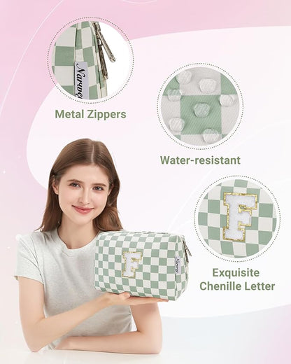 Narwey Birthday Gifts for Teen Girls Kids Women Personalized Initial Checkered Makeup Bag Preppy Cosmetic Bag Trendy Stuff 6 8 10 11 12 13 14 16 18 Years Old Travel Toiletry Bag (Green Letter F)