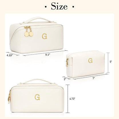 Birthday Gifts for Women Teen Girl, Personalized Initial Makeup Organizer Bag Set, Open Flat Travel Cosmetic Bag With Clear Divider and Handle(Beige,G)