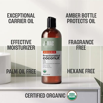 J Mac Botanicals, Organic Fractionated Coconut Oil (32 oz - 2 Pack 16 Ounce Bottles) Carrier Oil for diluting Essential Oils, Hair and Skin Conditioner, Massage