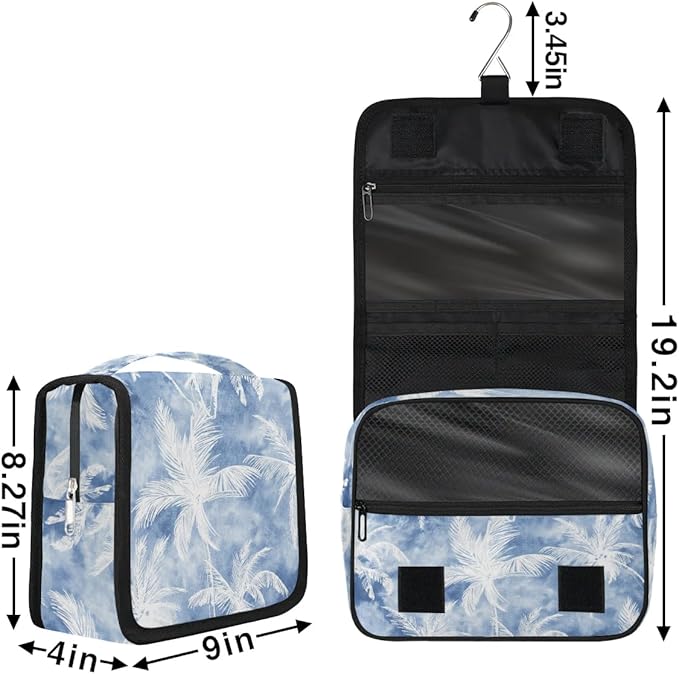 Vintage Blue Palm Hanging Travel Toiletry Kit Bag with Hook for Men and Boys, Beach Tropical Tree Makeup Case Waterproof Cosmetic Bag Storage Bag Organizer for Accessories Toiletries