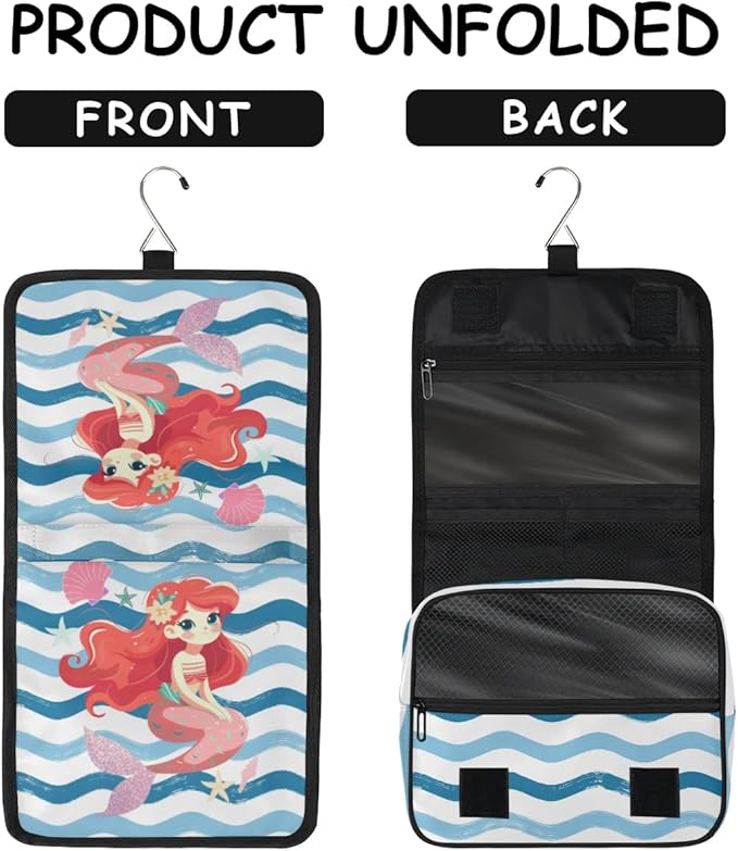 Cute Mermaid Travel Toiletry Bag with Hanging Hook for Women and Girls, Ocean Sea Starfish Cosmetic Makeup Case Organizer for Accessories, Shampoo, Full Sized Container, Toiletries