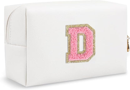 Personalized Chenille Letter Preppy Makeup Bag, Small Cute Mini Travel Cosmetic Bag Initial Toiletry Zipper Pouch Makeup Storage, Waterproof Makeup Case Travel Essentials for Her Daughter(Letter D)