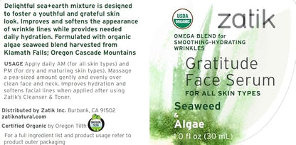 Zatik Naturals - Gratitude Face Serum with Seaweed and Algae, USDA Organic,Vegan, Non GMO Gluten Free Soy Free Alcohol Free pH Balanced Biodegradable, 1.0 fl oz, 30ml