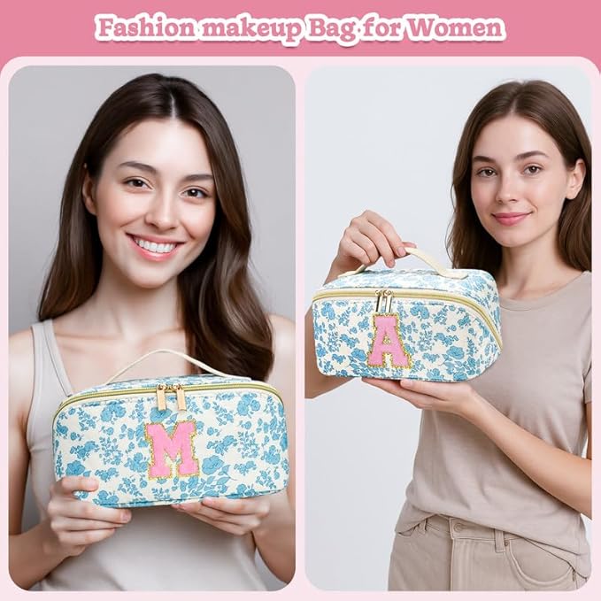 Personalized Travel Makeup Bag Set,Initial Travel Cute Floral Makeup Organizer Bag,Toiletry Skincare Cosmetic Bag,Christmas Gifts for Women/Girls,Open Flat Toiletry Pouch with Brush Pocket-C