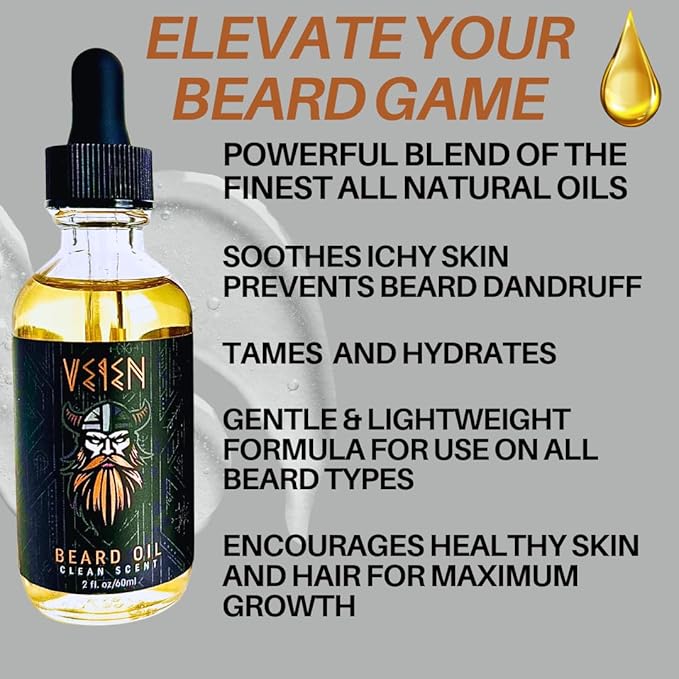 Veien Beard Oil for Men Premium All-Natural 2floz Made in USA for Thicker Darker Fuller Growth Moisturizes Conditions Softens Strengthens Smooths Frizz Hydrates for All Hair & Skin Types Reduces Itch