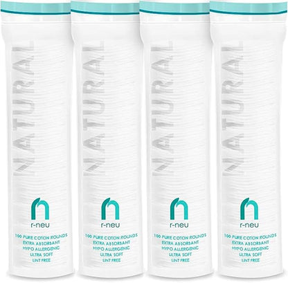 R-Neu Premium [Turkish] Cotton Rounds, 400 Count, Stitched, Waffle Textured, 100% Pure & Natural Cotton Pads for Face, Hypoallergenic Makeup Remover (4 Pack of 100)