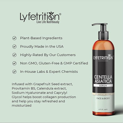 Lyfetrition Centella Asiatica Cica Serum - 12 Fl Oz Large Bottle - Anti-Aging Face Serum for Sensitive Skin Cream - Boosts Collagen Production Younger Skin