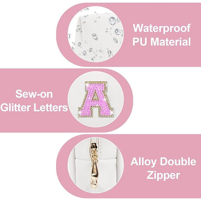 Small Initial Patch Makeup Bag Personalized Gifts Make Up Bag,White Cute PU Leather Glitter Letter Cosmetic Bag with Zipper,Trendy Portable Travel Toiletry Pouch,Preppy Stuff for Teen Girls Women A