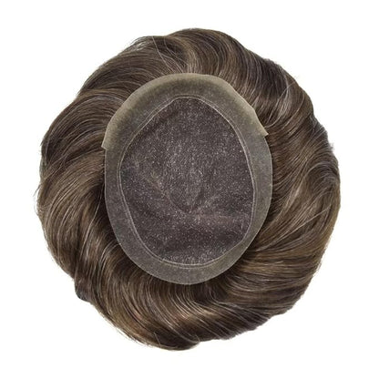 FACE MIRACLE Toupee for Men French Lace Hairpiece Human Hair Replacement System Skin PU Mens Toupee Hair Wigs for Man V-Looped Front Hair Prosthesis 7"X9" #340 Dark Brown with 40% Gray