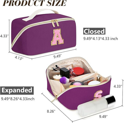 Personalized Initial Makeup Bag,Christmas Gifts for Girl,Preppy Bag Cosmetic Travel Bag Women,Travel Toiletry Organizer,Large Capacity Corduroy Stuff Bag,Cute Cosmetic Pouch Skincare Bag-O