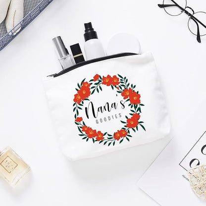Funny Nana Makeup Zipper Pouch Bag | Floral Nana's Goodies Cosmetic Travel Accessories Bag Make-Up Toiletry Case Pouch Gifts for Mother's Day Christmas Baby Shower