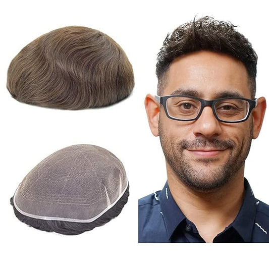Lordhair Toupee for Men European human hair Full French Lace Hairpieces，Base Size 7x9 inch Hair Replacement System for Men Natural Hairline Human Hair Wig Medium Brown #5