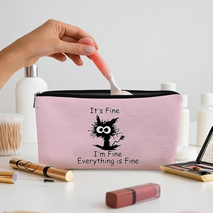 Black Cat Makeup Bag - Funny 'I'm Fine' Cosmetic Bag, Pink Zipper Travel Toiletry Bag for Cat Lovers, Teen Girls & Cat Owners Gifts