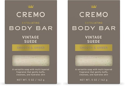 Cremo Exfoliating Body Bar for Men, Vintage Suede Scent, Multi-Layered Fragrance That Buffs, Cleanses and Hydrates Skin, 5oz (Pack of 2)