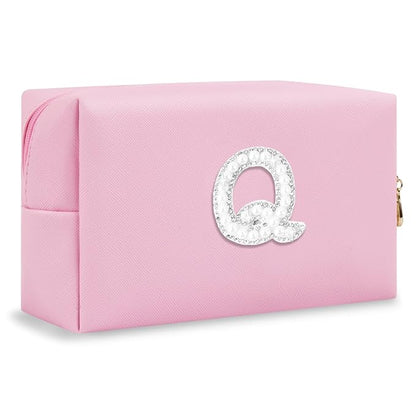 ChaoGreat Bride Gifts – Personalized Initial Makeup Bag with Pearl Rhinestone Patch, Preppy Pink Monogram Cosmetic/Toiletry Pouch, bridesmaid Gifts, Bridal Shower Gifts, Wedding Gifts, Bridal Gifts,Q
