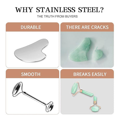 Stainless Steel Facial Roller & Gua Sha - Metallic Gua Sha, Gua Sha Facial Tools 304 Stainless Steel, Face Body Treatment, Reduce Puffiness, Lymphatic Drainage, Facial Tension