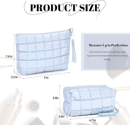 Richeart Makeup Bag Travel Toiletry Bag - Checkered Down Cotton Makeup Pouch for Women with Cosmetic and Pencil, Aesthetic Light blue Design, 2 Pieces
