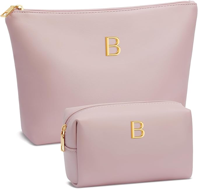 Women Gifts | Initial Makeup Bag Set for Girl Personalized Gifts for Bridesmaid Friend Graduation Teachers PU Leather Cosmetic Travel Toiletry Bag(Pink,B)