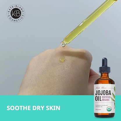 Kate Blanc Cosmetics Organic Jojoba Oil for Hair, Skin & Face (2oz, 100% Pure Cold Pressed, Natural). Gua Sha Oil for Face & Dermaplaning