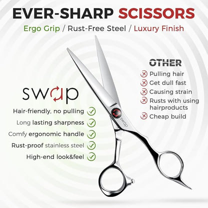 SWAP 5.5'' Professional Hair Cutting Scissors - Japanese SUS440C Steel (60-62HRC), Hand-Sharpened Blades, Adjustable Tension, Ergonomic Design for Salon/Home Use (S2)