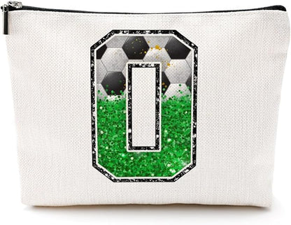 Soccer Gifts Initial Makeup Bag Monogrammed Cosmetic Bag Letter O Zipper Pouch Soccer Accessories for Girls Women Soccers Player Coach Friend Soccers Stuff Graduation Birthday Gifts