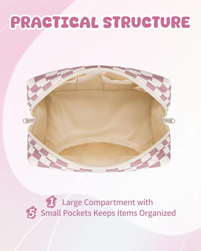 Narwey Birthday Gifts for Teen Girls Kids Women Personalized Initial Checkered Makeup Bag Pink Monogram Cosmetic Bag Trendy Stuff 6 8 10 11 12 13 14 16 18 Years Old Travel Toiletry Bag (Dusty Rose H)