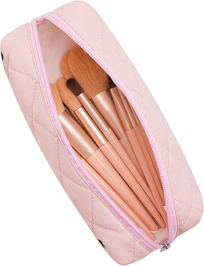 Cute Floral Cotton Makeup Brush Cosmetic Bag for Women, Travel Quilted Zipper Make Up Bag, Flowers Toiletry Organizer Case Kawaii Makeup Cosmetic Travel Cloth Pouch (Pink)