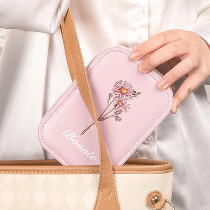 Custom Birth Flower Travel Makeup Bag With LED Mirror Leather Personalized Name Makeup Organizer Portable Jewelry Organizer Case Birthday Christmas Gifts For Women Daughter Mother
