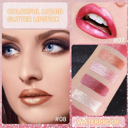 evpct 6Pcs Rose Bronze Gold Nude Pink White Dark Maroon Red Metallic Shimmer Glitter Lip Gloss Liquid Lipstick Set for Women Long Lasting Waterproof 24, Pearlescent Sparkly Glossy Lipsticks Lip Makeup