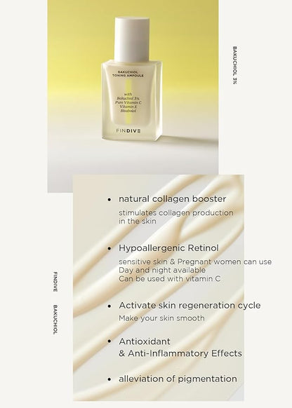 [FINDIVE OFFICIAL] Bakuchiol Toning Ampoule, 3% Bakuchiol, Plan-Based Retinal Alternative, Pure Vitamin C, Pure Vitamin E, Bisabolol, Brightning, Anti Wrinkle Serum, 1.01fl.oz