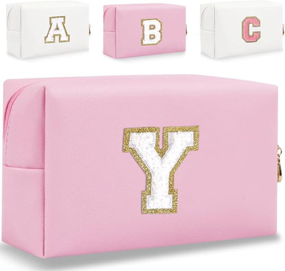 Small Personalized Letter Makeup Bag, Cute PU Leather Chenille Letters Cosmetic Bag Travel Makeup Pouch, Preppy Travel Organizer Zipper Pouch for Women&Girls（Pink-Y）