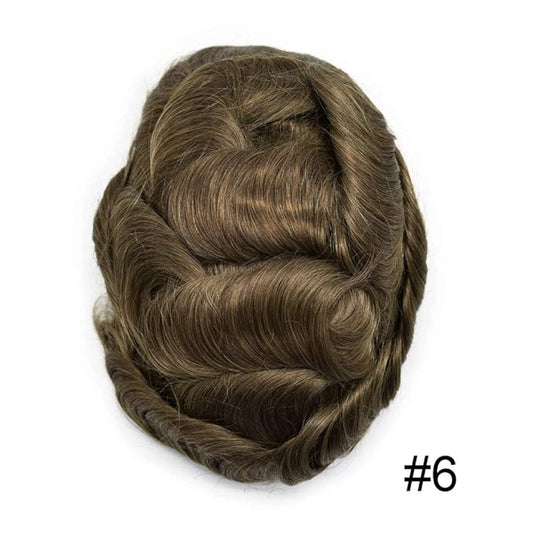 Mens Toupee Human Hair Piece French Lace Toupee for Man Hair System Indian Human Hair Replacement Systems V-Looped PU Front Hairpieces 7"X9" 6# LIGHT BROWN