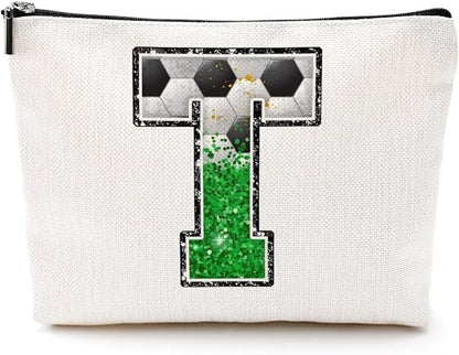 Soccer Gifts Initial Makeup Bag Monogrammed Cosmetic Bag Letter T Zipper Pouch Soccer Accessories for Girls Women Player Coach Friend Stuff Graduation Birthday Gifts