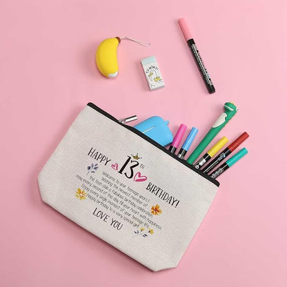 13th Birthday Gifts for Girls Makeup Bag Best Gift Ideas for 13 Year Old Girl Great Teenage Girls Gifts for Her Daughter Granddaughter Sister Bestie Cute Cosmetic Bag Happy Birthday Gift from Mom