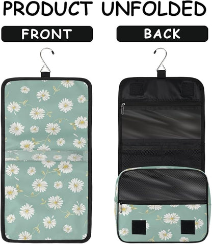 Travel Toiletry Bag for Women & Men Flower Daisy White Hanging Cosmetic Organizer Portable Waterproof Makeup Case Make Up Bag with Compartments Travel Essentials for Bathroom Shower