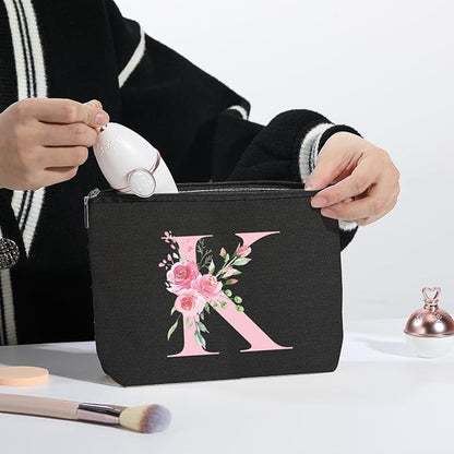 A-Z Personalized Cosmetic Bag Monogrammed Makeup Bags Bridesmaid Gifts Custom Toiletry Pouch Gifts for Women Mom Best Friend Sister Bride Bridesmaid (K)