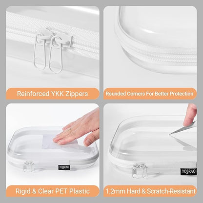 4 Pack Clear Hard Shell Zipper Case, See-Through Hard Plastic Organizer Pouches with Zipper for Travel, Toiletries, Makeup, Toy, Electronics & Pencils - Crush-Resistant Storage