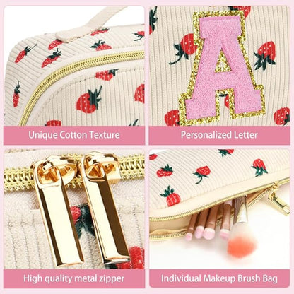 Personalized Travel Makeup Bag Set,Initial Travel Strawberry Makeup Organizer Bag,Toiletry Skincare Cosmetic Bag,Christmas Gifts for Women/Girls,Open Flat Toiletry Pouch with Brush Pocket-T