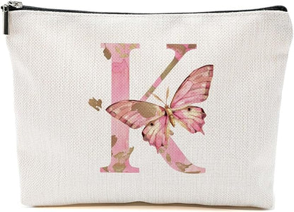 Initial Makeup Bag Pink Butterfly K Personalized Cosmetic Bag Monogrammed Gifts for Women Girls Bride Bridesmaid Monogram Zipper Pouch for Friendship Mothers Day Birthday Wedding Bridal Shower Gifts