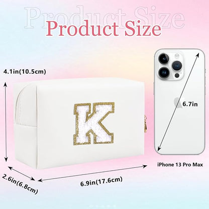 Small Personalized Letter Makeup Bag, Cute PU Leather Chenille Letters Cosmetic Bag Travel Makeup Pouch, Preppy Travel Organizer Zipper Pouch for Women&Girls（White-K）