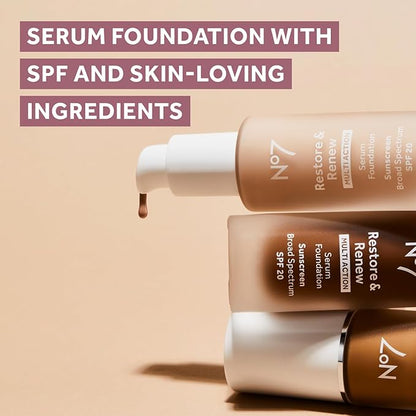 No7 Restore & Renew Multi Action Serum Foundation - Cool Beige - Liquid Foundation Makeup with Vitamin C, Vitamin E & Collagen for Face - Beauty Skin Serum Formula with Medium Coverage (30ml)