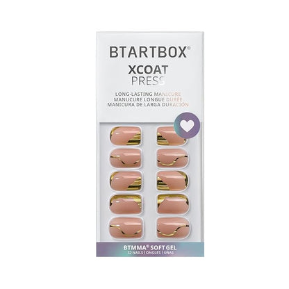 BTArtbox Press On Nails Short Square - Gold Designed Press On Nails, Winter Glue On Nails for Women Gifts, Natural Fake Nail with Glue, Glue On Nails in 16 Sizes - 30 Nail Kit, Gold Leaf