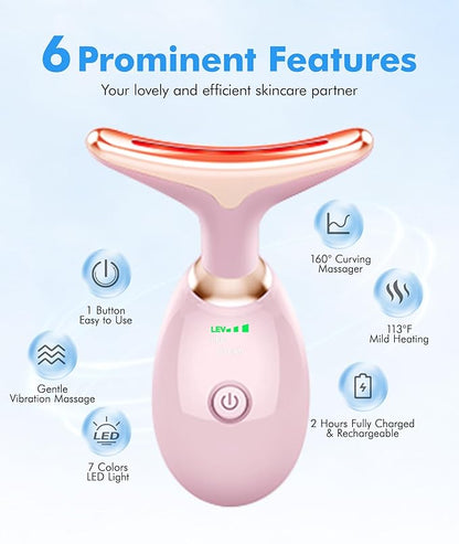 Red-Light-Therapy-for-Face-and-Neck, 7 Color Face Massager Tool for Wrinkles, Double Chin, Vibrating Facial Massager with Thermals for Skin Care, Glossy Pink